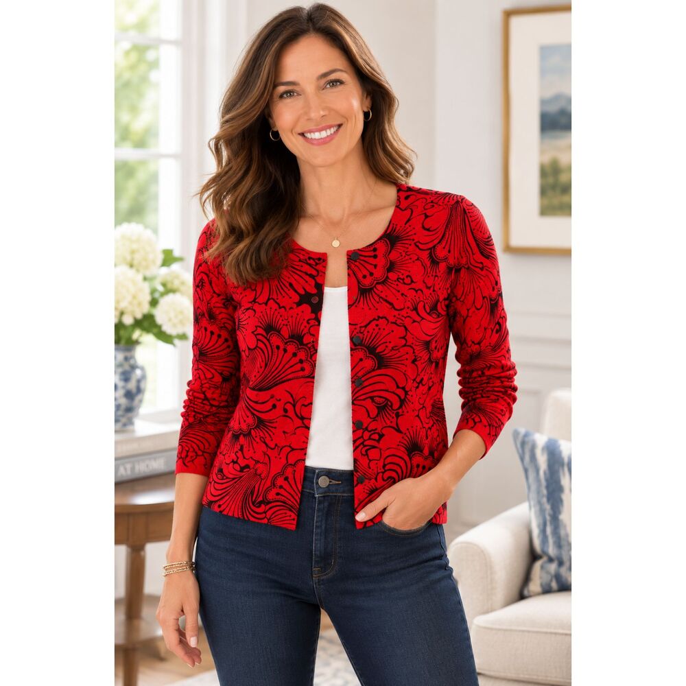 Talbots Petites XLP Red Black Floral Print Button Front Cardigan Sweater